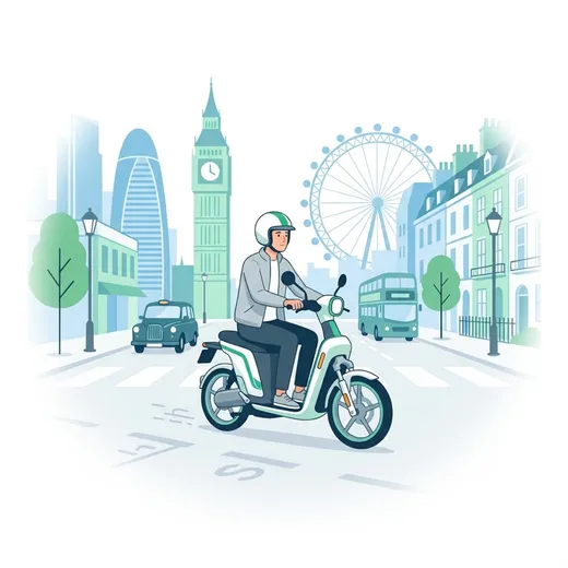 Illustration of a commuter riding an electric moped past Big Ben and London traffic